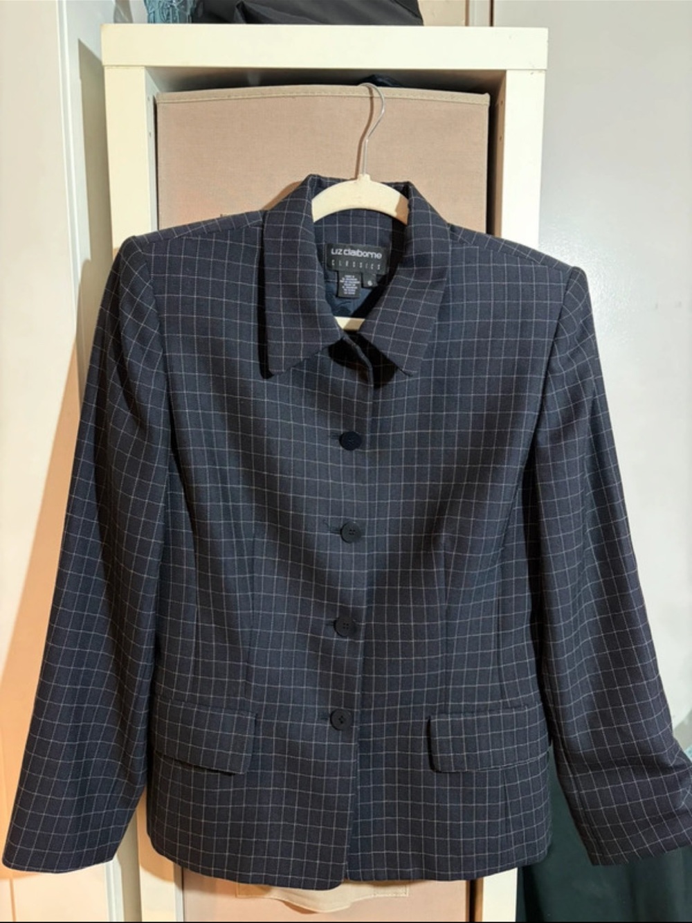 true vintage Liz Claiborne Navy Plaid Button-Front Womens Blazer Jacket